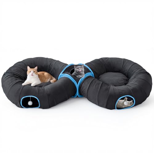 Image of Pawaboo 2-in-1 Cat Tunnels Bed, Dual Splicing Cat Tubes with 2 Central Plush Cushions, Foldable Cats Cave Hideout Indoor Kitty Toys with Fluffy Balls, Kitty Tunnel Great for Kitten Rabbit Ferret