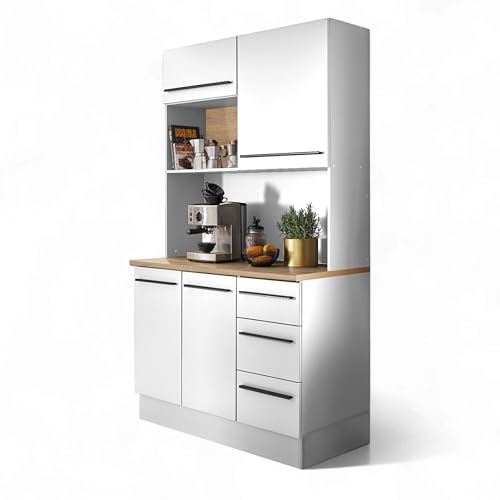 Stella Trading Denver Armoire Buffet, Blanche, Aspect Chêne Mauvella - Armoire De Cuisine Spacieuse Avec Plan De Travail - 120 X 211 X 60 Cm (l X H X P