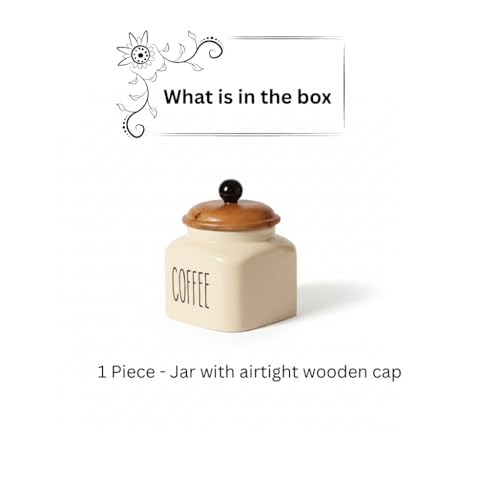 Image of Ceramic Coffee Jar Container Airtight Kitchen Storage Containers with Wooden Lids - Handcrafted Ceramic Canisters for Countertop, Pantry & Home Decor - 600ml, Beige