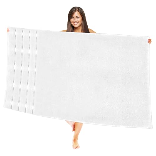 Image of Elegant Comfort 100% Turkish Cotton 4 Lines Viscose Stripe Jumbo Bath Towel - Hotel Spa Quality Extra Large 35 x 70 Inch Bath Towel Ultra Soft, Super Absorbent Quick Dry Large Bath Towel, White