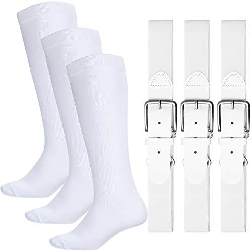 SATINIOR 3 Pairs of Baseball Socks 3 Belts Combo Youth Adult Baseball Softball Belt Socks Combo Set