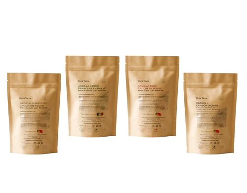 Pack de 4 Arcillas Naturales – Arcilla Blanca y Roja Portuguesa, Arcilla Verde Francesa y Arcilla Negra (Caolín + Carbón Activado) – 4×50 g – Mascarillas Faciales y Cuidado de la Piel