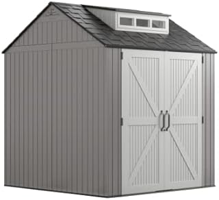 Rubbermaid Resin Weather Resistant Outdoor Storage Shed, 7 x 7 ft., Simple Gray/Onyx, for Garden/Backyard/Home/Pool