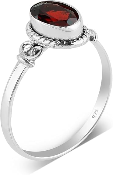 925 Sterling Silver Natural Garnet Gemstone Ring, Handmade Bohemian Jewelry, Healing Crystals, January Birthstone, Stack Promise Fidget Christmas Gift for Women (US - 10)