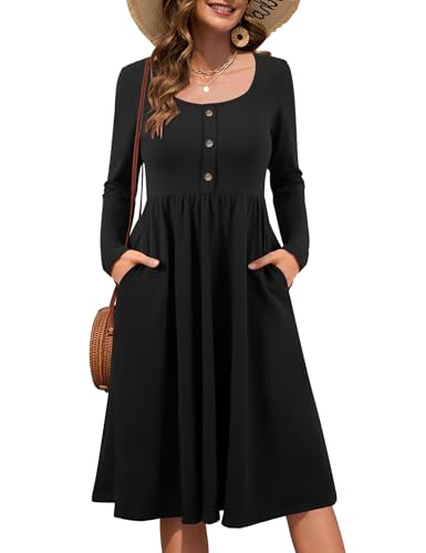 Beluring Tunika Kleid Damen Lässig Rundhalsausschnitt Midikleid Langarm Kleider mit Taschen Schwarz XXL