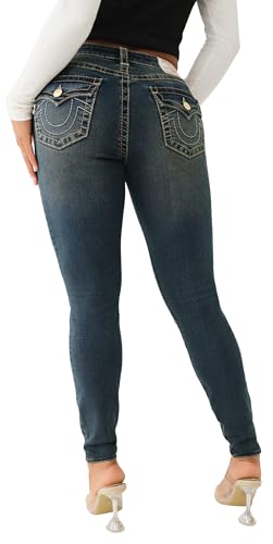 True Religion Women's Jennie Big T Flap MID Rise Super Skinny Jeans in Dark Smoky Wash2