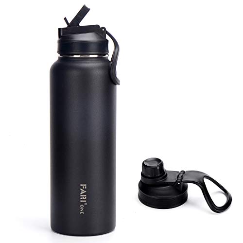 FARI Sport-Trinkflasche mit Strohhalm und Ausgießer-Deckel – 660/960/1200ml, doppelwandig, vakuumisoliert, Edelstahl mit breiter Öffnung, um Getränke kalt oder heiß zu halten (1200ml, schwarz)