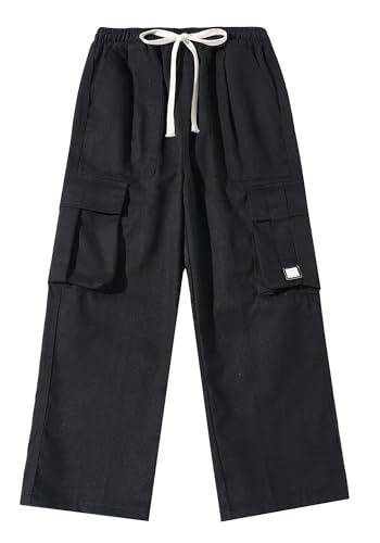 SEAUR Boy's Cotton Cargo Pants Casual Drawstring Elastic Waist Sweatpants Wide Leg Workout Trousers with Pockets 7-16 Years