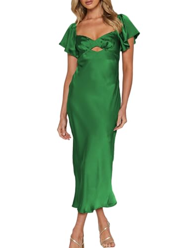 Image of Summer Satin Flutter Sleeve Wedding Guest Dresses for Women Sweetheart Neckline Cutout Tie Back Midi Cocktail Dress