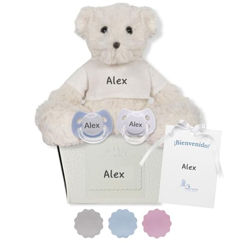 BebeDeParis. Precioso Regalo para Bebé: Chupete Personalizado con Nombre (2 Unidades), 0-6 Meses, Tetina de Silicona Libre de BPA y Oso de peluche. Incluye Caja Italiana Personalizada