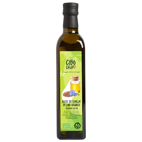 Aceite de Lino Ecologico - 500ml. Aceite de Lino Comestible Prensado en Frío Crudo Puro y Bio. Rico en Antioxidantes Calcio y Omega 3.