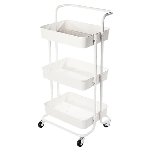 3-Tier Storage Trolley on Wheels | Makeup Storage | Cleaning Trolley | Shelves Unit | Utility Cart | Cleaning Caddy | Rolling Cart | Bathroom Shelving | Ideal for Kitchen, Bathroom, Utility (White)