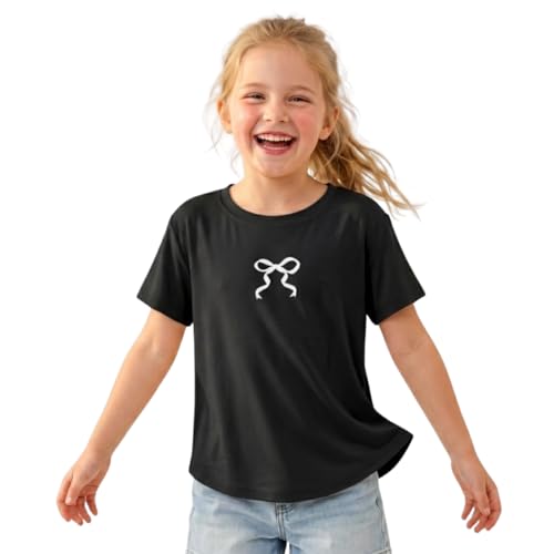 Image of WELAKEN Girls Soft T-Shirt with Curved Hem, Breathable Stretchy Rayon Crewneck Short Sleeve Tees, Kids Everyday Basic Top