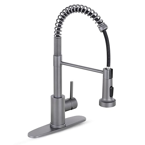 Image of HGN Kitchen Faucet with Pull Down Sprayer, Commercial Single Handle Spring Kitchen Sink Faucets for Farmhouse Camper Laundry Utility Rv Wet Bar Sinks Grey