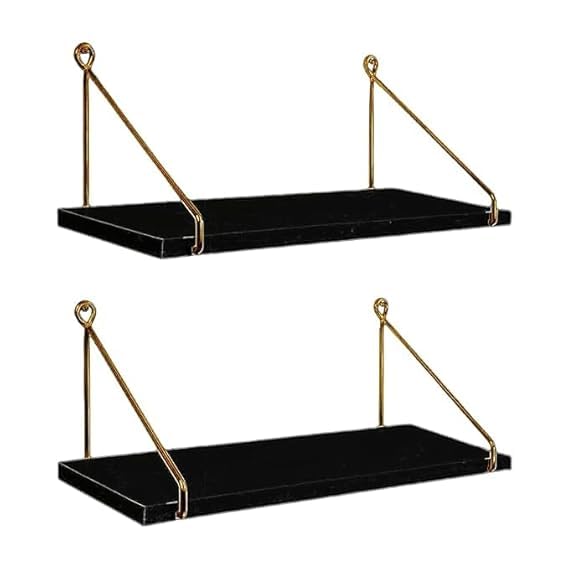 Image of Wall Shelf for Living Room, Wood Hanging Storage Organizer with Metallic Gold and Black Accents, Modern Wall-Mounted Decorative Floating Shelves for Bedroom, Office, or Entryway (Black)