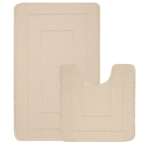 EDS 2 Piece Ichra Bath Mat Set Non Slip Ultra Soft Bathroom Mats Extra Absorbent 100% Polypropylene Toilet Mat Set Washable Toilet Rug Bathroom Accessory (CREAM)