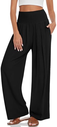 UEU Women's Linen Palazzo Pants Wide Leg High Waisted Lounge Casual Beach Pants with Pockets