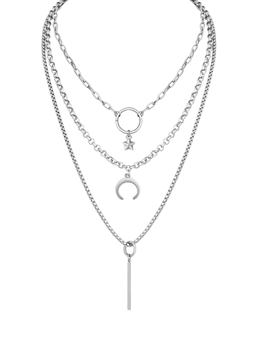 Sacina Layered Silver-tone Crescent Moon Star Bar Choker Necklace, Gothic Punk Grunge Emo Necklace, Goth Jewelry, Christmas Jewelry Gift for Women