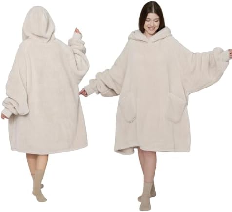 BEDSURE Hoodie Decke mit Ärmeln Geschenke Beige - 95x85cm | Weiche, warme Kuscheldecke mit Ärmeln, tragbar mit Taschen, ideal für Couch & Winter. Geschenke für Frauen & Männer