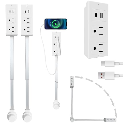 Regleta Pared, Expansor de Tomas de Corriente, Se Extiende de 45 a 71 cm con Cabezal Giratorio de 180°, Incluye USB-A, USB-C y 2 Tomas de CA