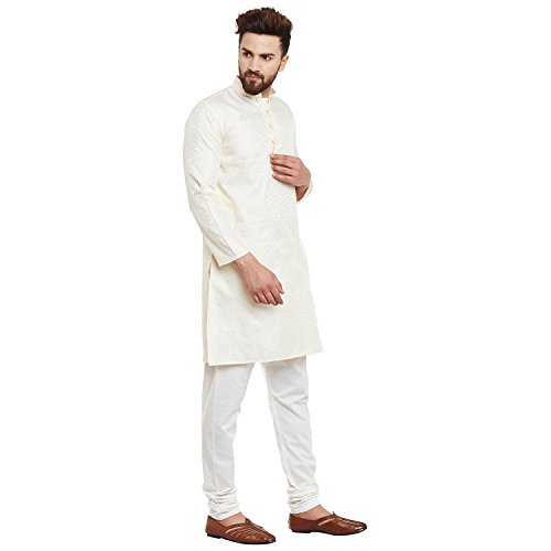 Image of Sojanya (Since 1958 Men's Red Jacquard Silk Kurta & Churidaar Pyjama
