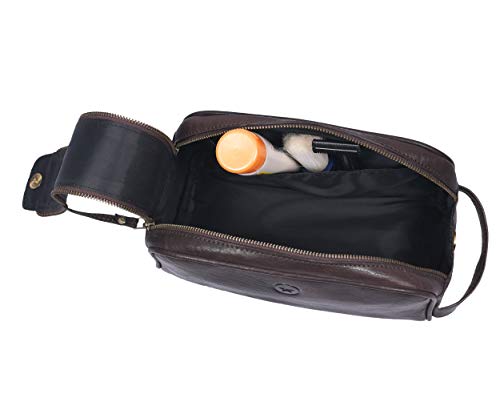 10" Premium Leather Toiletry Travel Pouch With Waterproof Lining | King-Size Handcrafted Vintage Dopp Kit By Aaron Leather Goods (Hickory) - Thumbnail 3