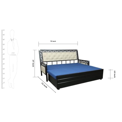 Image of Rexo Metal Sofa Cum Bed with Hydraulic Storage | 3 Seater Convertible Sofa Bed for Living Room | Heavy Duty Metal FrameMatte Black Finish with Blue Cushion, King