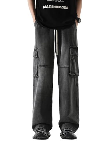 Men's Drawstring Waisted Casual Denim Jeans Trousers with Pockets