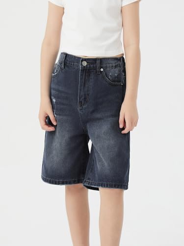 Image of Girls Shorts Elastic Waist Jorts Denim Jean Shorts Ripped Knee Length Bermuda Shorts for Kids Teen Girls Summer
