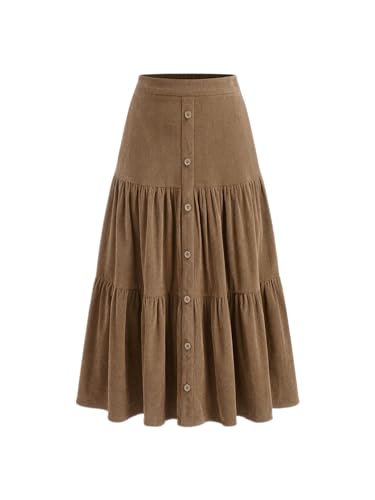 CIDER Women's Corduroy Tiered Skirt Button Front A Line Midi Skirt: Brown, S
