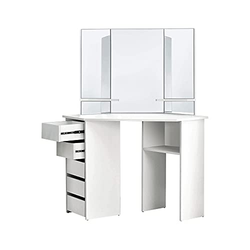 ML-Design Tocador Blanco Mesa de Maquillaje con 3 Espejos Cajón y Compartimentos 110 x 141,5 x 54 cm de Madera MDF Gabinete Moderno Mueble Cómoda de Esquina para Retoques de Belleza Make-up Peluquería