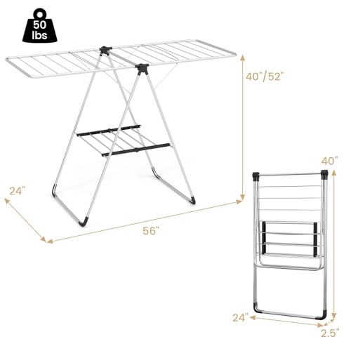Image of Tangkula Collapsible Clothes Drying Rack, 2-Level Folding Aluminum Drying Rack w /Height-Adjustable Wings, Bottom Shoe Rack, Space-Saving Laundry Drying Rack for Indoor & Outdoor Use, Silver