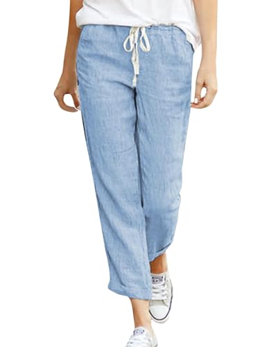 Pantalon en lin femme bleu léger en coupe loose fit confortable pour l'été