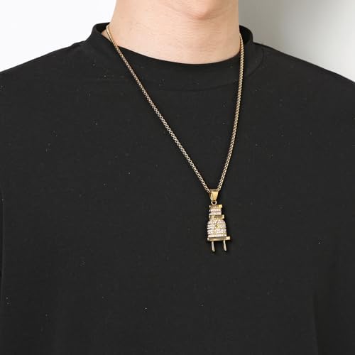 AsAlways Plug Necklace for Men Rapper Stainless Steel 18K Gold Plated Cubic Zirconia Hip Hop Pendant Necklace Jewelry Gift2