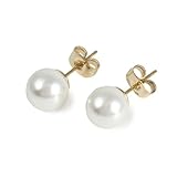[クレインズコレクション] 日本製 磨き貝パール ピアス 選べるカラー 金属アレルギー対応 天然 真珠 シリコンパッド ケース付 ロゴ入りミニ巾着 5年保証 ホワイト グレー ブラック チタン ステンレス 冠婚葬祭 (ホワイト×ゴールド,P8mm)