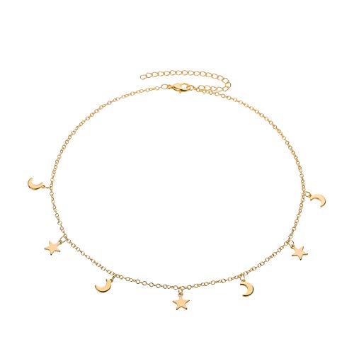 Star Moon Choker Charm Necklaces-Dainty Gold Star Moon Necklace for Women Girl Gift