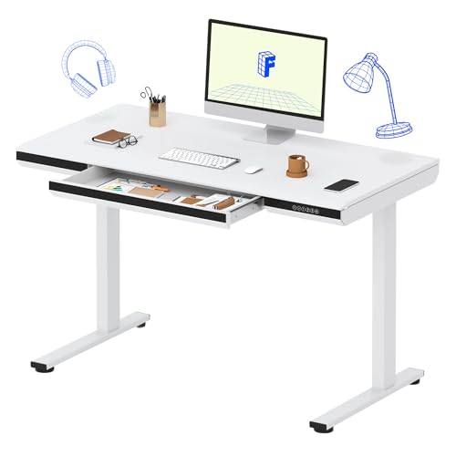 Image of FLEXISPOT One-Piece 48 inch Standing Desk with Acrylic-Front Drawer, Fast-Assembly Ergonomic Sit-to-Stand Desk with MDF Top, 4 Height Memory Presets Touch-Control, Home Office Computer Workstation, White
