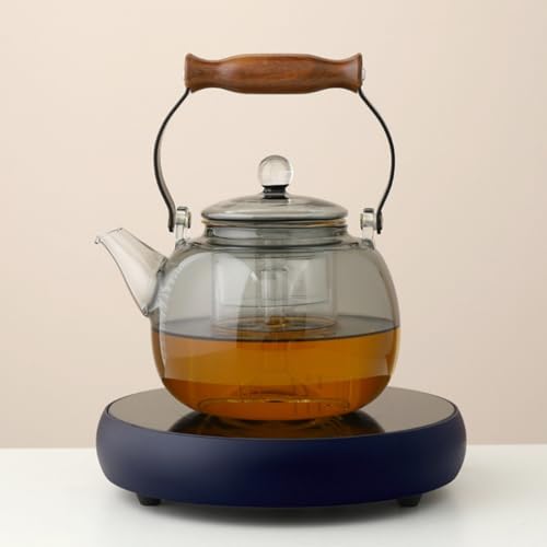 【Pakabi】電 気ストーブデスクトップ 、超小型 、耐熱ガラスケトル 、多機能、で実用的な、温度調節可能 耐久 軽量 オフィスや旅行に最適 自動電源オフ 静か(グレー) (ブルー チタンセラミックコンロ 110V 丸型ハンドルケトル付き)