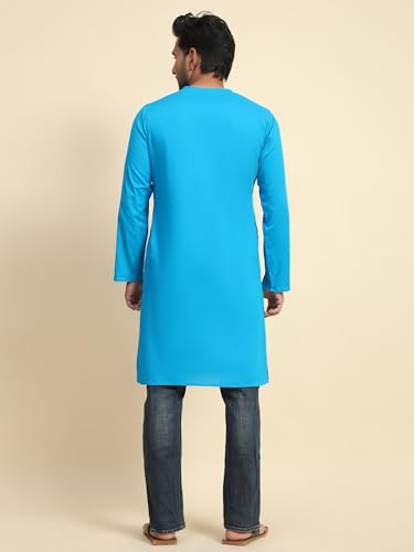 Image of Amazon Brand - Anarva Men's Cotton Solid Round Neck Kurta Long Sleeves Straight Knee Length Casual Shirt
