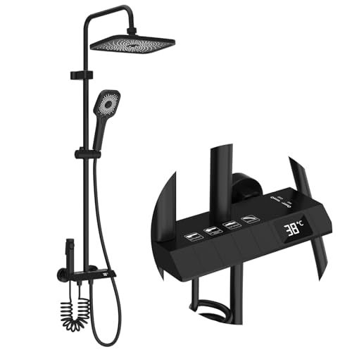 LADOKEE Colonne de Douche Noir, Ensemble avec Pomme de Douche Plafond 30x20 cm, Panneau de Commande Intelligent, 3 Modes de Douche, Hauteur Réglable, Pistolet...