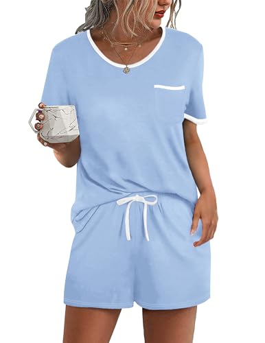 Image of Ekouaer Pajama Set for Women 2 Piece Lounge Set Short Sleeve Tops and Shorts Soft Sleepwear, Chest Pocket