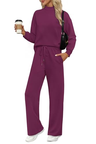 Image of WIHOLL Two Piece Sets for Women Fall Outfits Lounge Sets Mock Neck Tops Wide Leg Pants Vacation Travel Airport Outfits