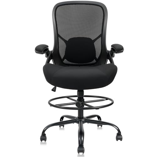HYLONE 400lbs Big and Tall Heavy Duty Drafting Chair 5" Thickened Seat Tall Office Chair Flip-Up Armrests Ergonomic Chair with Lumbar Support and Adjustable Footrest Ring Standing Desk Chair (Black)