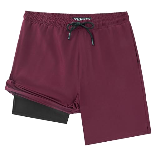 Men Swim Trunks with Compresssion Liner 7 Inch Inseam Board Shorts 2-in-1 Bathing Suit with Zipper Pockets