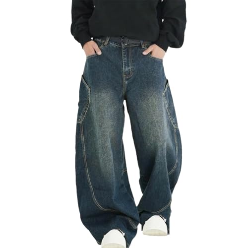 Men's Retro Washed Jeans, Loose Curved Cut, Large Pockets, American Summer Pants