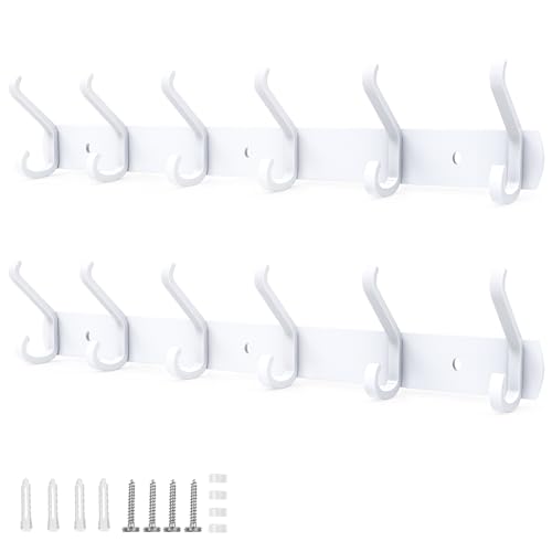 Galerie SV 2 Piezas Perchero Pared con 6 Colgadores, Colgador Pared 54CM, Perchero Entrada Recibidor de Metal, Diseño para Sombreros Chaquetas Abrigos Recibidores Entradas Dormitorios Modernos Blanco