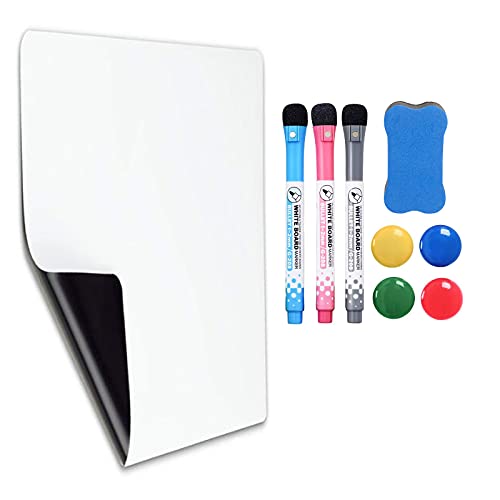 A4 Magnetic Dry Erase Whiteboard Sheet Magnetic Dry Wipe Board with 3 Whiteboard Pens 1 Magnetic Eraser and 4 Fridge Magnets for Memos Notes Lists and Menus in Home Kitchen Office