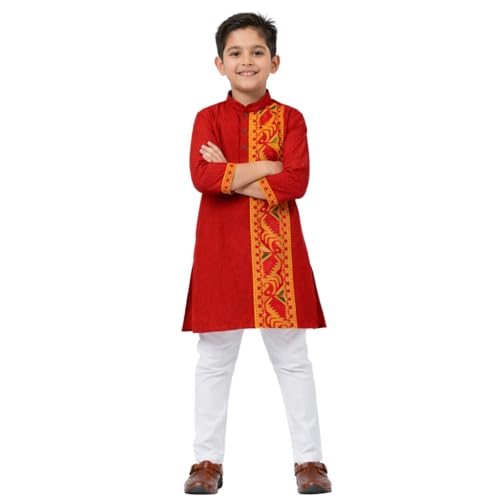 Image of Kurta Pajama for Kids Boys - Jamdani Border Kurta and Elastic Waist Pyjama Set