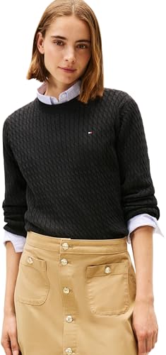 Tommy Hilfiger Damen Pullover Cable Fine Zopfstrick, Schwarz (Black), XL – Ansicht 1