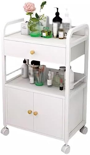 Rolling Salon Trolley Cart with Storage, Beauty Salon Cabinet, Barber Equipment Organizer, 1 Drawer & 1 Cupboard, Mobile Hair Stylist Cart (White-Gray)